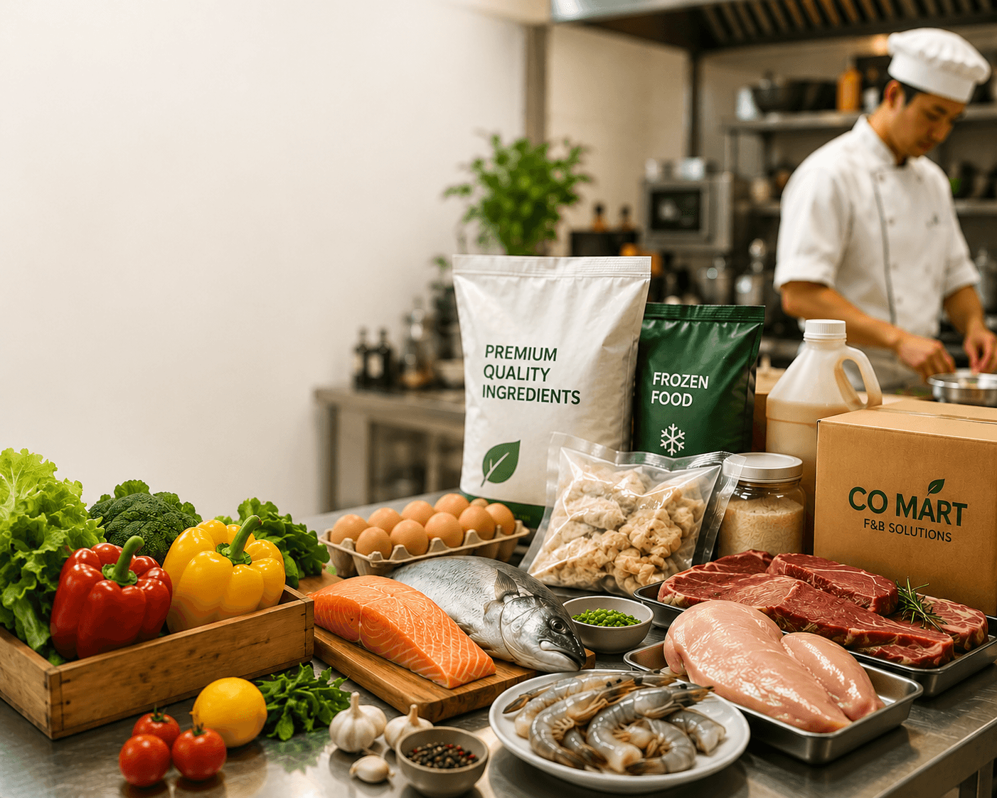 Professional kitchen preparing seafood and food supply products